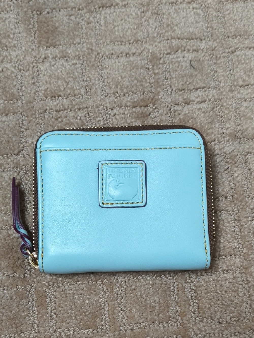 Dooney & Bourke Florentine Light Blue Leather Zip Wallet with Brown Trim